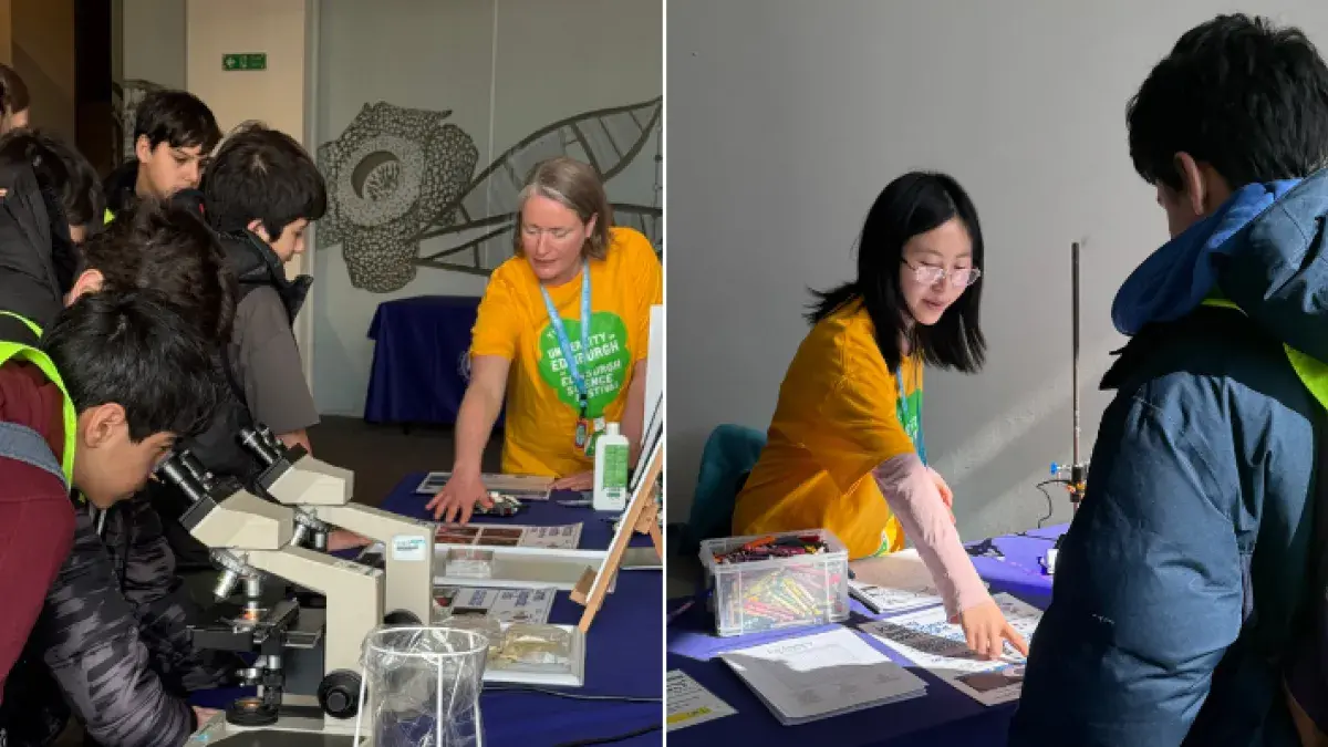 Two photos side by side. In both, school kids engage with researchers at the Edinburgh Science Festival's exhibition table