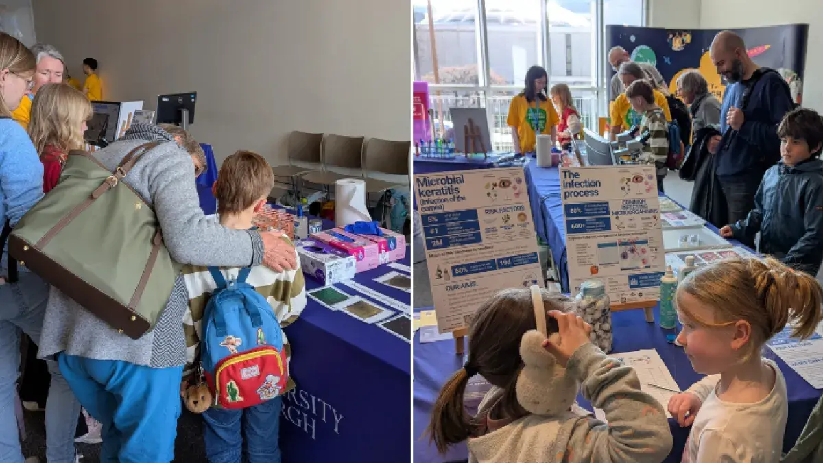 Two photos side by side. Left: A family look at the exhibition table with their backs to the camera. Right: In the foreground, two girls look at each other, in front of for informational posters.