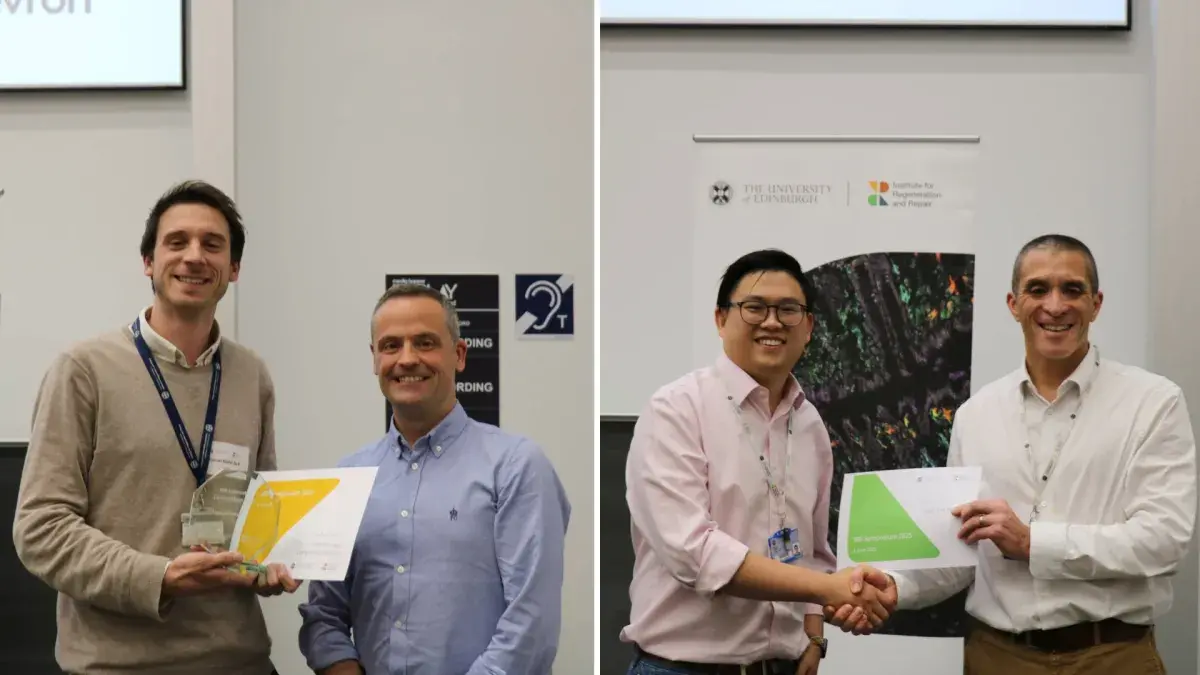 IRR Innovator 2025 winner Dr Ferran Nadal Bufi and Dr Andrew McBryde (Left). Flash Talk winner Dr Kelvin Cheng and Professor Tilo Kunath (Right).