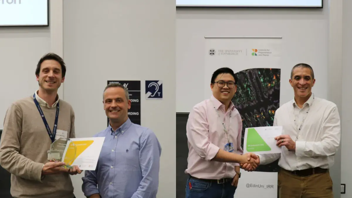 IRR Innovator 2025 winner Dr Ferran Nadal Bufi and Dr Andrew McBryde (Left). Flash Talk winner Dr Kelvin Cheng and Professor Tilo Kunath (Right).