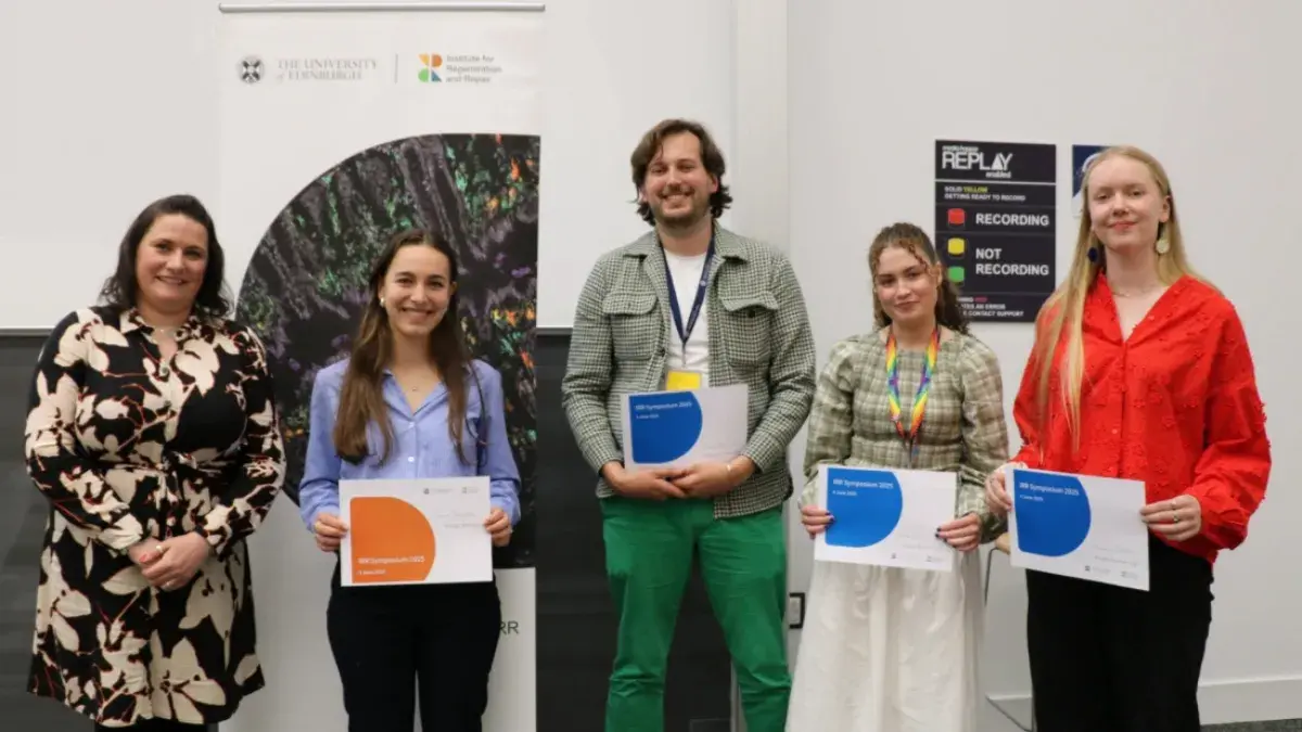 Poster prize winners Laura Quesada Ojeda (first prize), Sam Benson, Bethan Rowley and Rosie Willis with Dr Elaine Emmerson