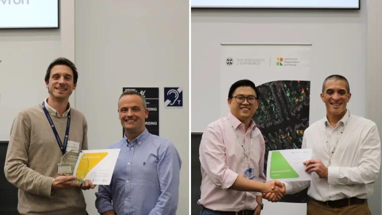IRR Innovator 2025 winner Dr Ferran Nadal Bufi and Dr Andrew McBryde (Left). Flash Talk winner Dr Kelvin Cheng and Professor Tilo Kunath (Right).