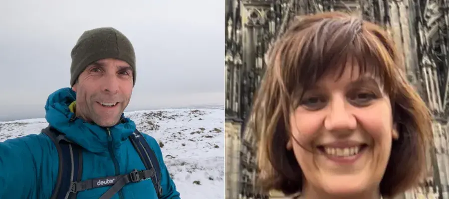 Headshot of Steve at the top of a snowy mountain with hat and logo of Technician Week and Shonna standing in front of a cathedral