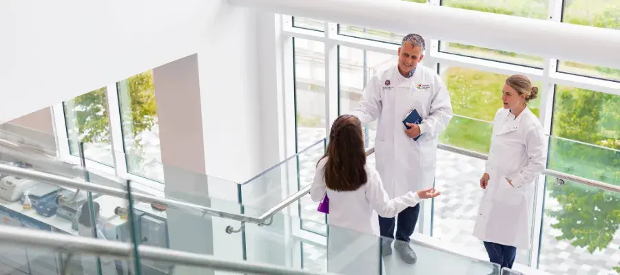 Two PIs chat to a student on a staircase in the lab