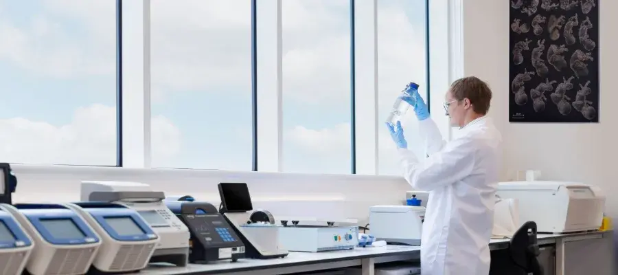 researcher holding flask in a lab infront of a window. A graphic of the stages of fetal growth behind him