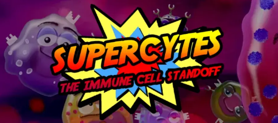 Supercytes logo with cartoon smiling cells behind it