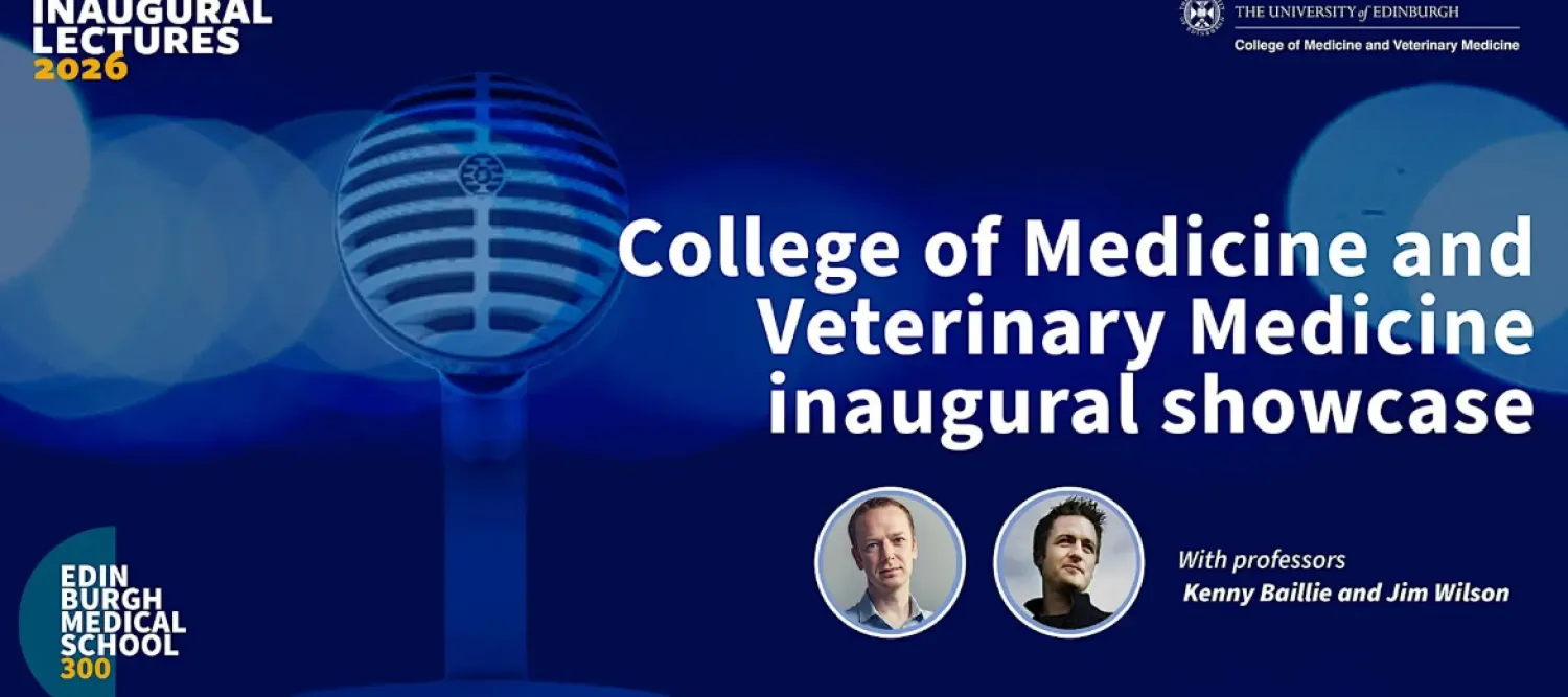 Promotional poster with blue background with old-style microphone, and two icons of both professor's headshots