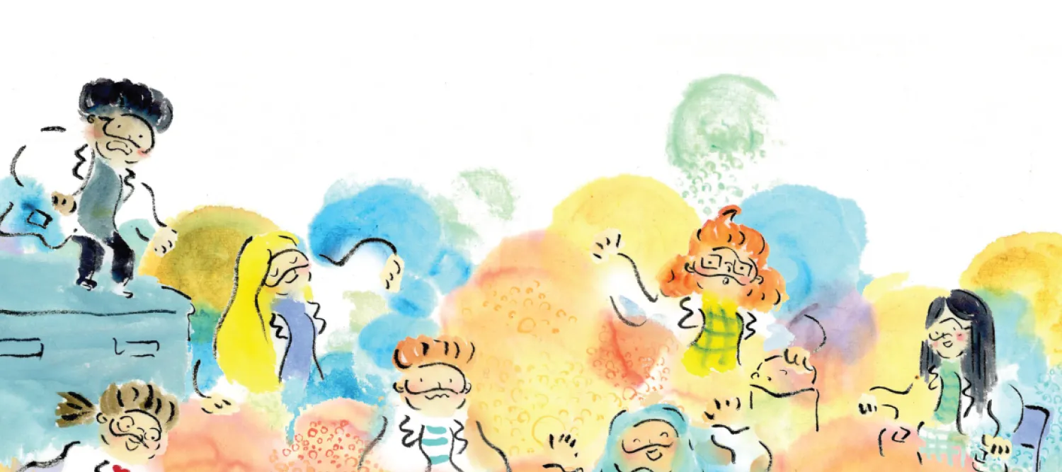 An illustrated page in vibrant watercolours from the book, showing classroom of students standing with lots of different colours billowing around them