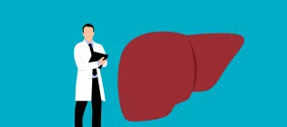 on a teal background, a cartoon image of a man in a labcoat holding a clipboard is stood next to a large image of a liver