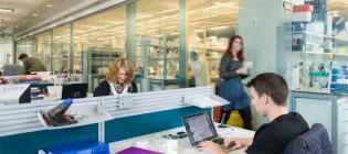 IRR North people working in offices with lab behind