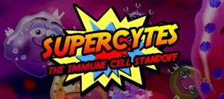 Supercytes logo with cartoon smiling cells behind it