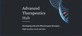 Advanced therapeutics hub title with DNA motif and tagline: Developing safe and effective gene therapies. Right location, level and time