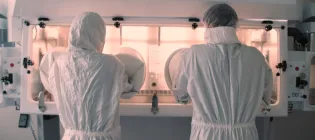 Scientists working at a sterile laboratory cabinet
