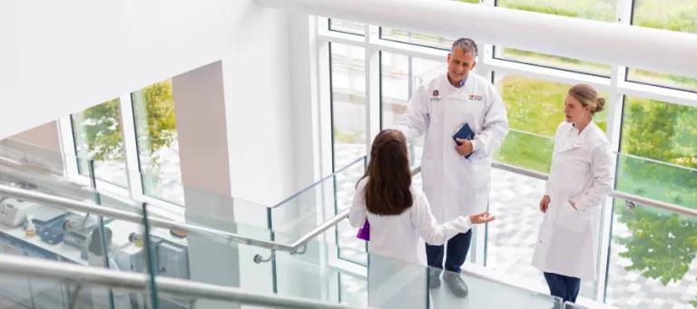 Two PIs chat to a student on a staircase in the lab