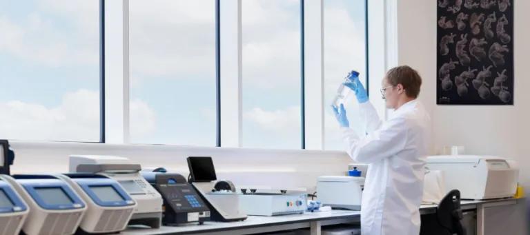 researcher holding flask in a lab infront of a window. A graphic of the stages of fetal growth behind him