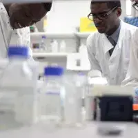 three interns observing bench work in the lab