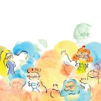 An illustrated page in vibrant watercolours from the book, showing classroom of students standing with lots of different colours billowing around them