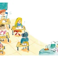 An illustrated page in vibrant watercolours from the book, showing a teacher with pink hair teaching a classroom of students at their desk