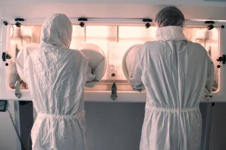 Scientists working at a sterile laboratory cabinet