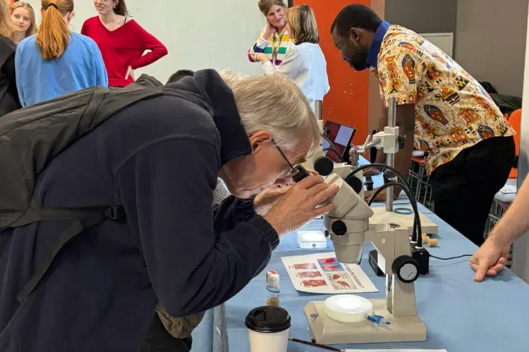 Man observing in microscope