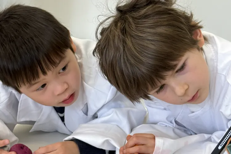 Two boys looking at a screen, engaged