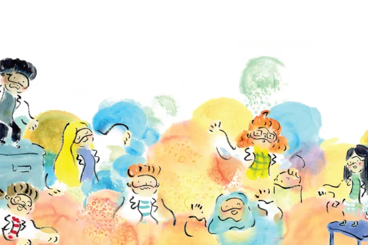 An illustrated page in vibrant watercolours from the book, showing classroom of students standing with lots of different colours billowing around them