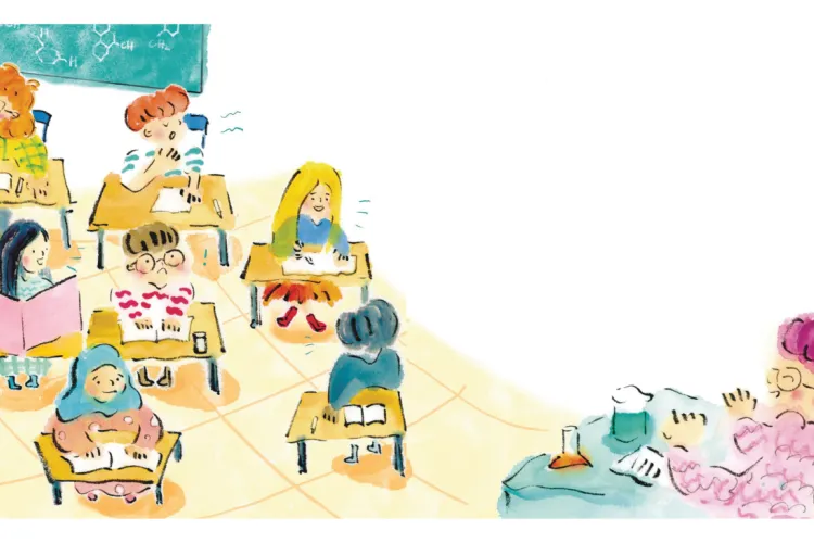 An illustrated page in vibrant watercolours from the book, showing a teacher with pink hair teaching a classroom of students at their desk