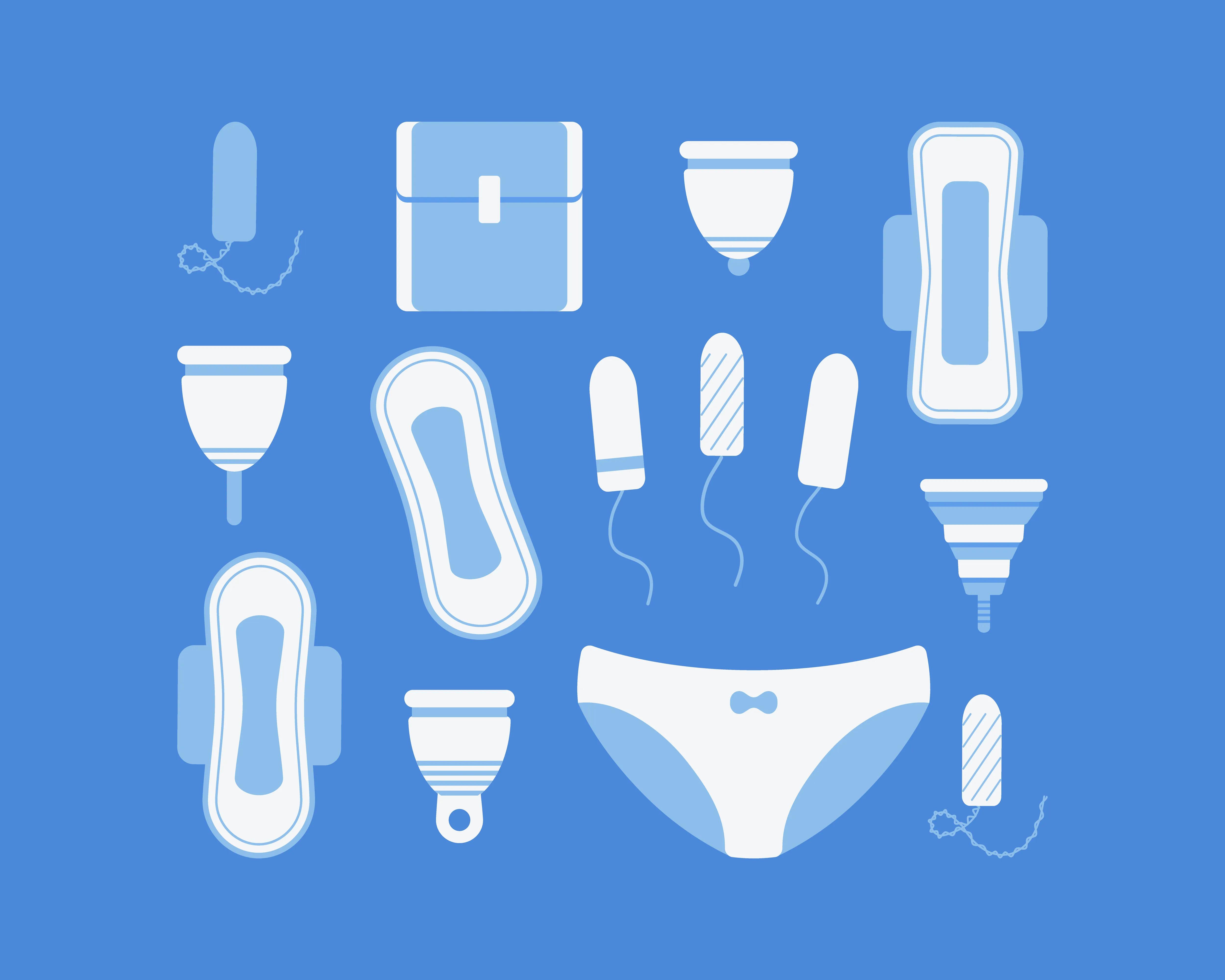 Illustration of varius period products on a blue background