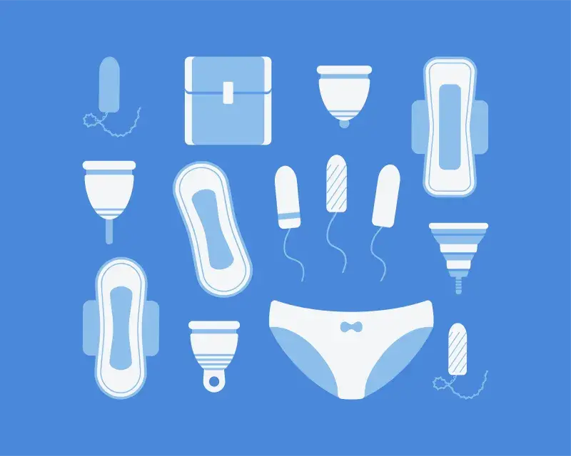 Illustration of varius period products on a blue background