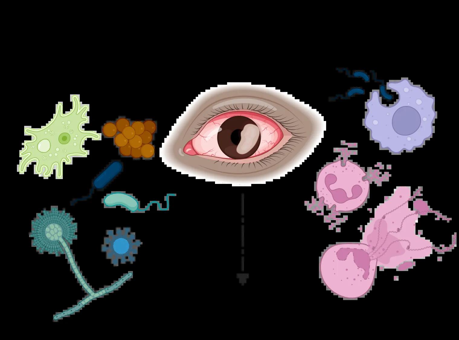 diagram showing that a cornea infection causing blindness is resultant on a microorganism entering the eye and the body's host immune response. 