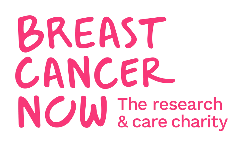Logo for the charity Breast Cancer Now, which is the chairty name and the tagline "The research and care charity"