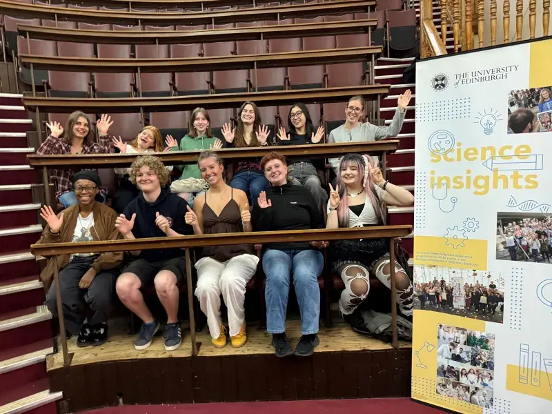Group photo of Science Insights alumni in the anatomy lecture theatre