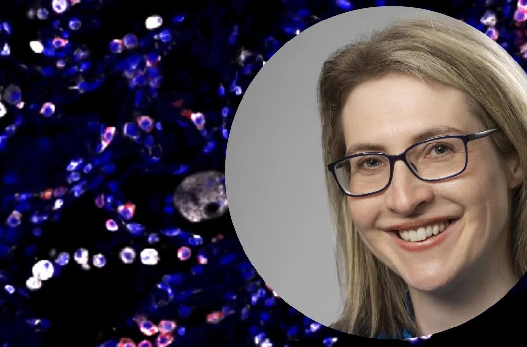 Headshot of Karen Mackenzie on a background of fluorescent cells