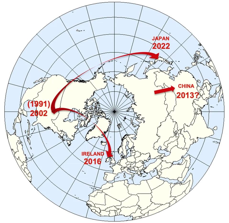 World map of the northern hemisphere with red arrows showing direction of infection