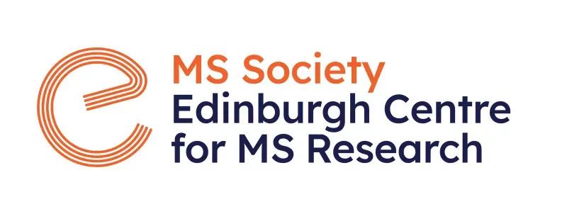 MS Society Edinburgh Centre for MS Research - logo containing that text in orange and navy colours with a big lowercase e in front of it