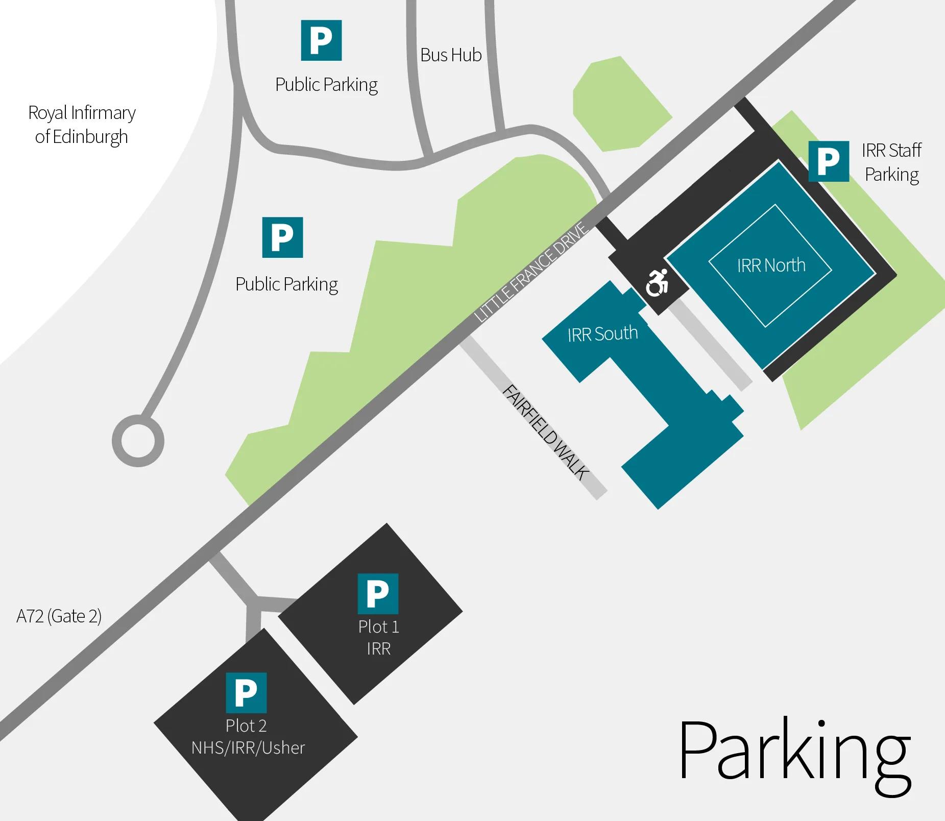 Map showing parking locations for IRR, including building visitor and staff parking, plot 1 and plot 2 staff parking 