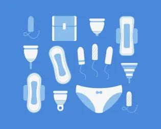 Illustration of varius period products on a blue background