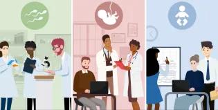 an illustration showing three groups of researchers on three different backgrounds. IN each background there is an icon representing either sperm, pregnancy, or live birth.