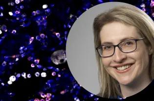 Headshot of Karen Mackenzie on a background of fluorescent cells