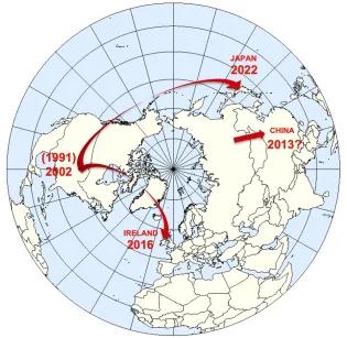 World map of the northern hemisphere with red arrows showing direction of infection
