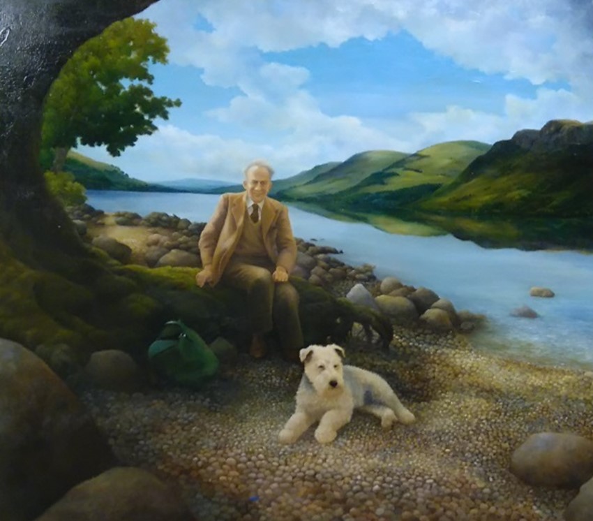 Portrait of Robert O Curl and his dog Frisky by a loch