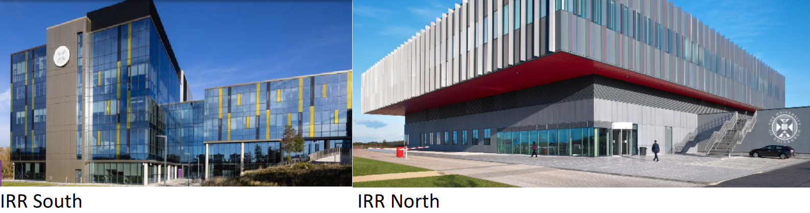 'IRR South' a tall. glass, blue and yellow building. 'IRR NORTH@ A shorter, square red and grey building.