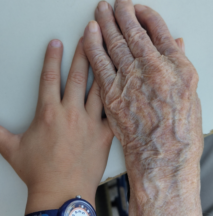 The smooth skinned hand of a six year old next to the veiny, wrinkly, thin-skinned hand of a 100 year old.